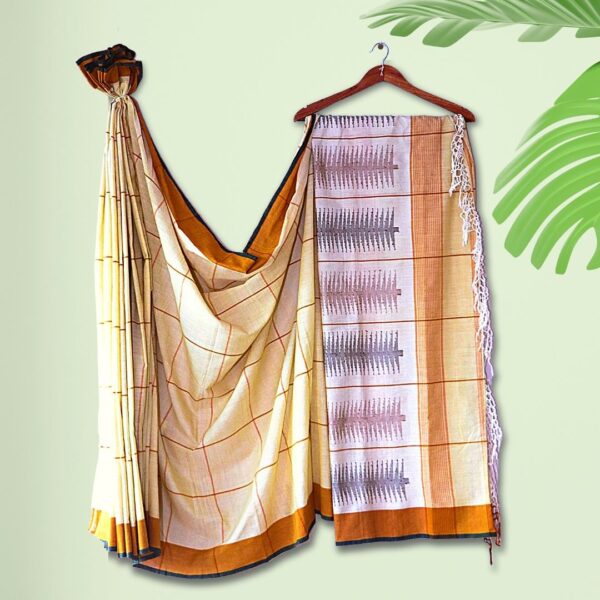 Off-white Cotton Handloom Saree with Mustard Checks from Prantik