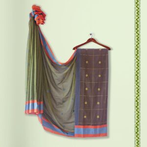 Green Cotton Handloom Saree With Handwoven Buti