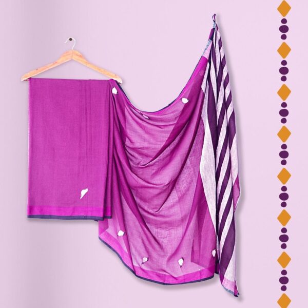 Magenta Cotton Handloom Saree With Bird Motif And Plain Body