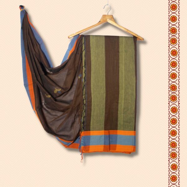 Dark Chocolate Colored Naturally Dyed 100% Cotton Saree from Prantik Handloom