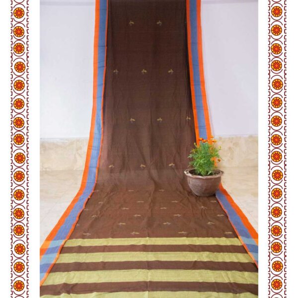 Dark Chocolate Colored Naturally Dyed 100% Cotton Saree from Prantik Handloom