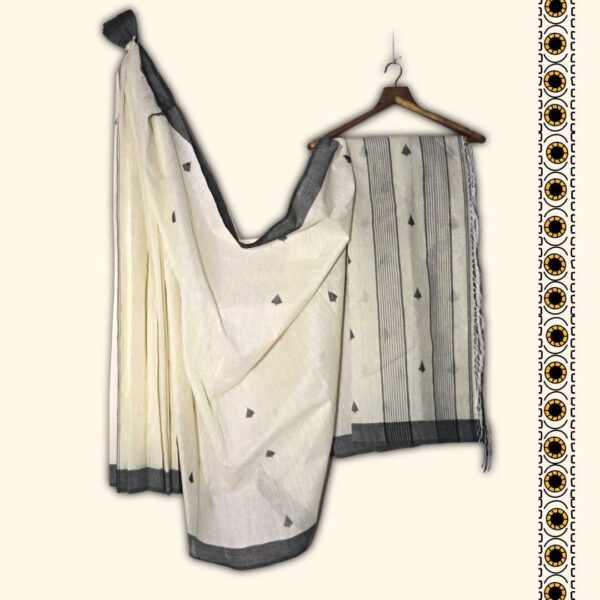 Off-White cotton saree with black par / border from Prantik Handloom