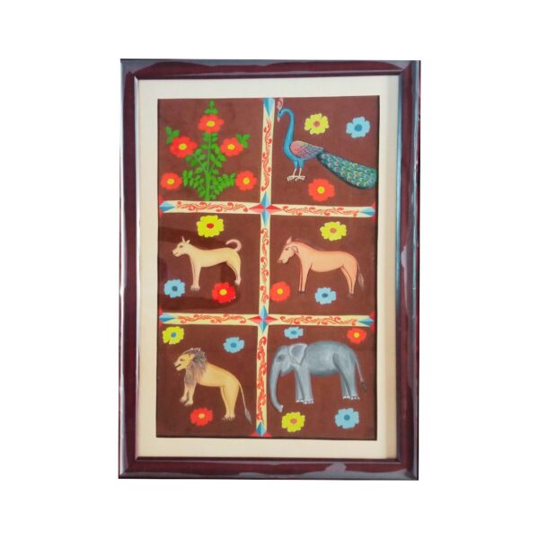 A hand painting of wild animals and plants by Santal tribal artist